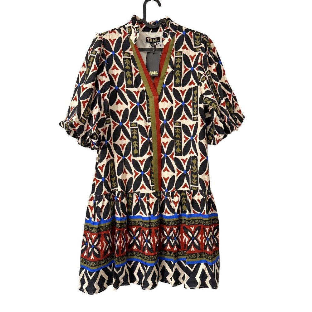 THML Neutral Tone Floral Ruffle Hem Puff Sleeve Shift Dress Womens Small NEW